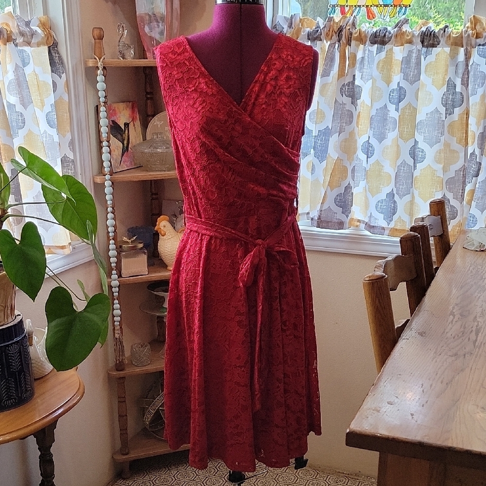 Red V-Neck Tie Front Sleeveless Midi Dress. A